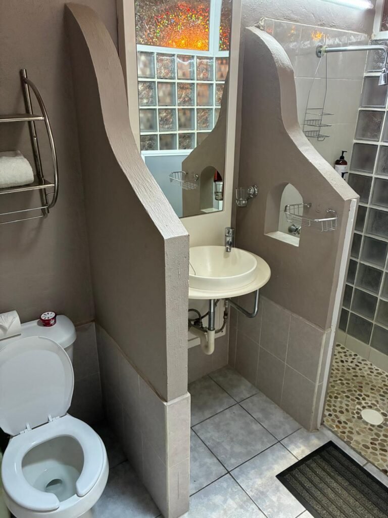 Baño de hab sencilla vista al jardin