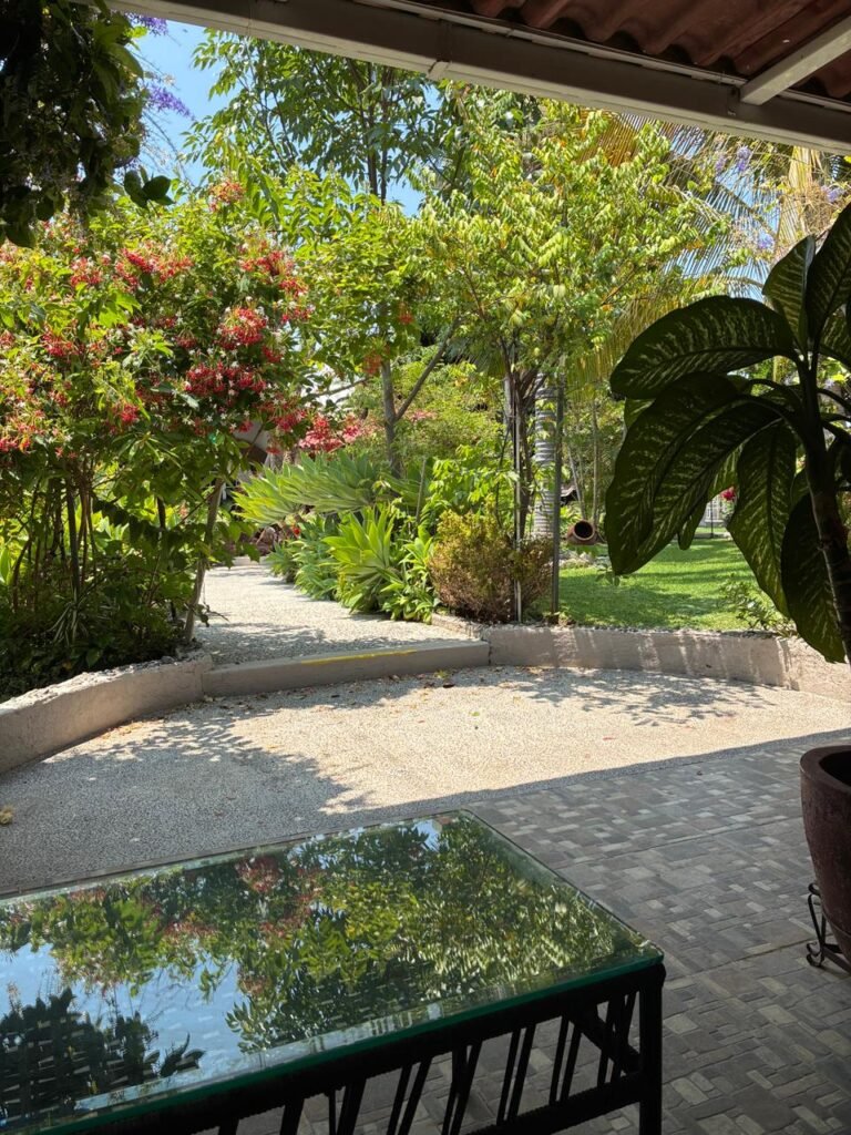 mesita exterior de la hab sencilla con vistas al jardin